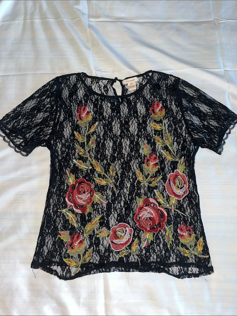 Sundance‎ Black Lace Top with Red Rose Embroidery
